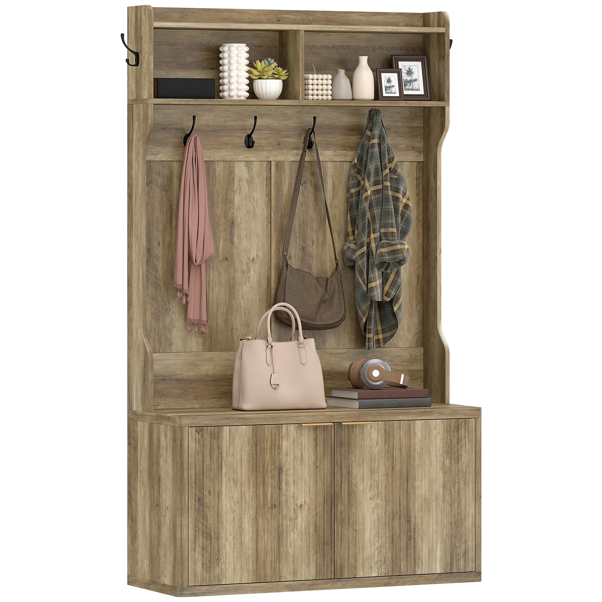 HOMCOM Perchero Zapatero, Perchero Recibidor con 2 Puertas, Estantes Abiertos, 6 Ganchos, para Pasillo, Dormitorio, Salón, Estilo Moderno, 100x38x172 cm