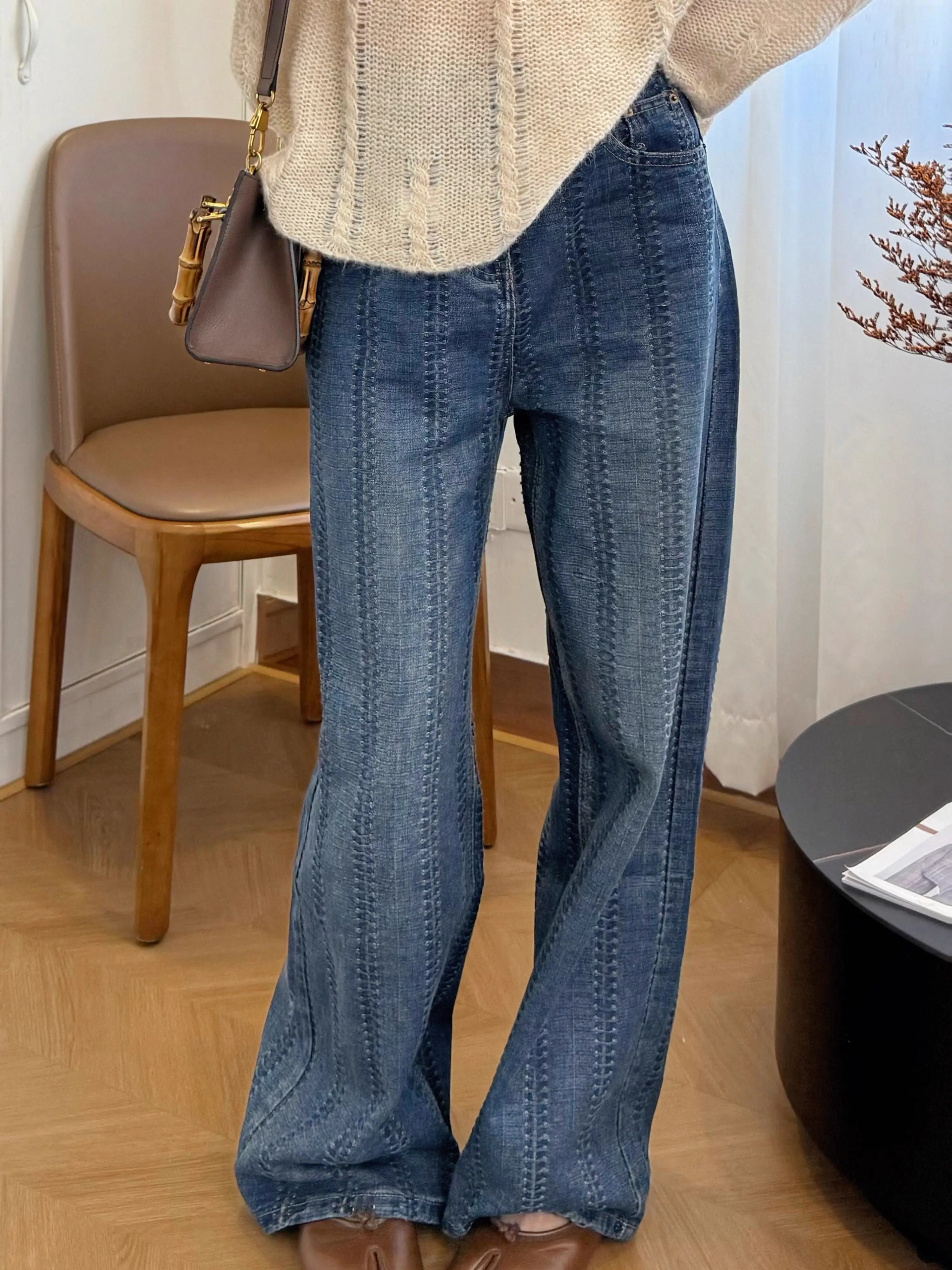 Korean Style Texture Wide Leg Jeans For Women Spring Autumn 2026 New Blue Casual High Waisted Floor Length Straight Leg Pants