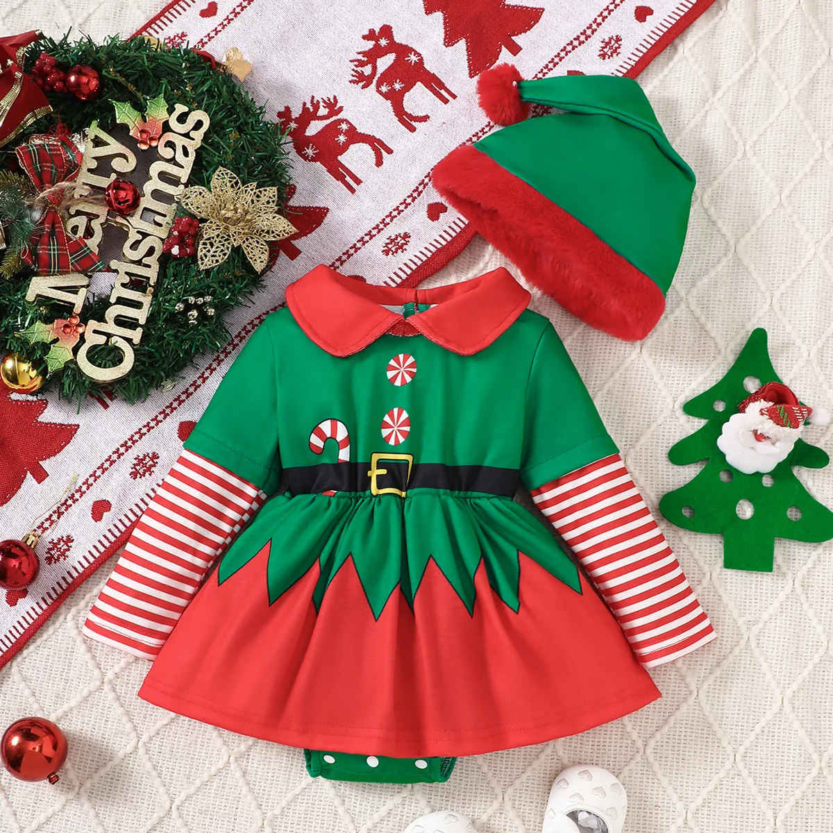 

2Piece Set Spring Autumn Newborn Girls Clothes Christmas Cute Stripe Long Sleeve Bodysuit+Hat Baby Clothing Toddler Stuff BC1332