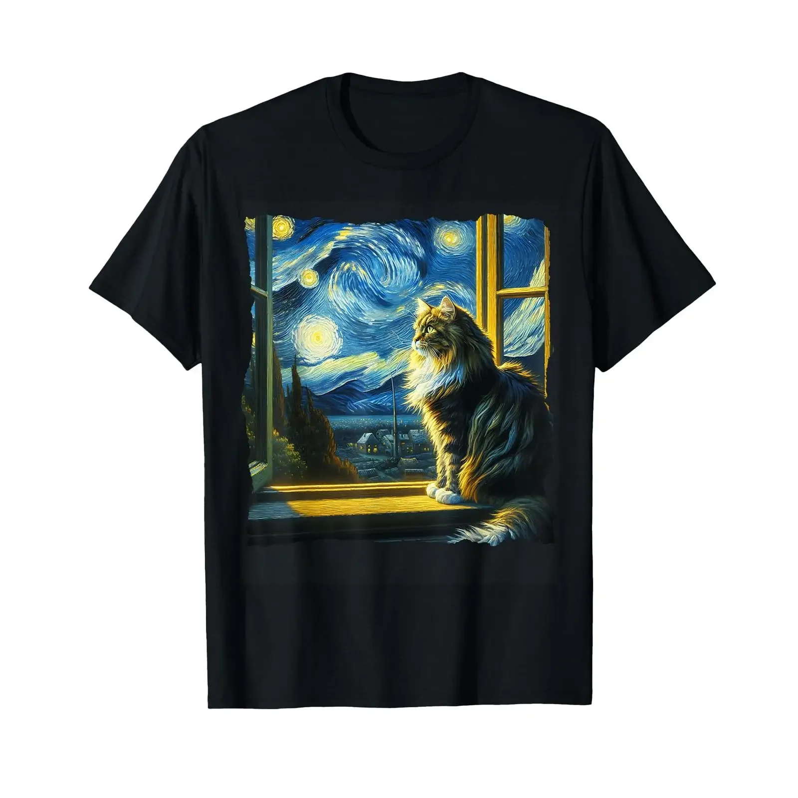 Cat Maine Coon Starry Night T Shirt vintage Washed fashion Breathable Stretched Slightly graphic homme Comfortable Unisex Soft