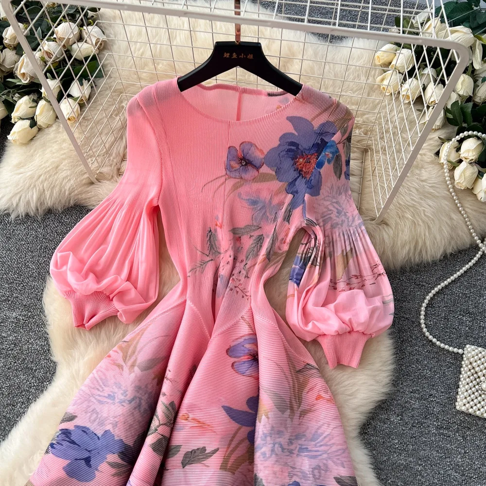 Miyake Pleated Print Dresses 2026 Summer New Round Neck Lantern Sleeve A-Line Flower Bud Dress Elegant Stretch Women's Clothing