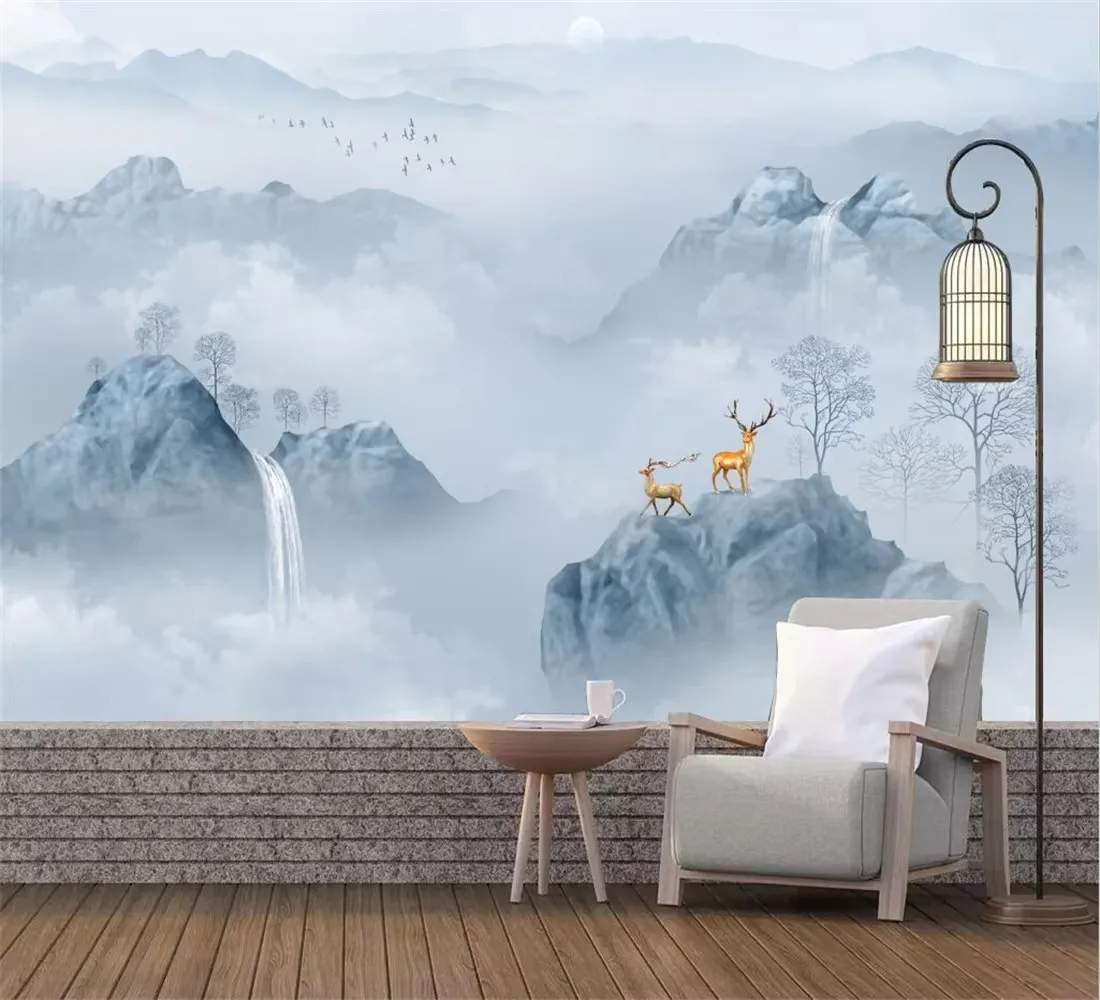 Custom wall paper Nordic hand-painted forest deer cartoon mountain peak children\'s room indoor pink background wall 3d Wallpaper