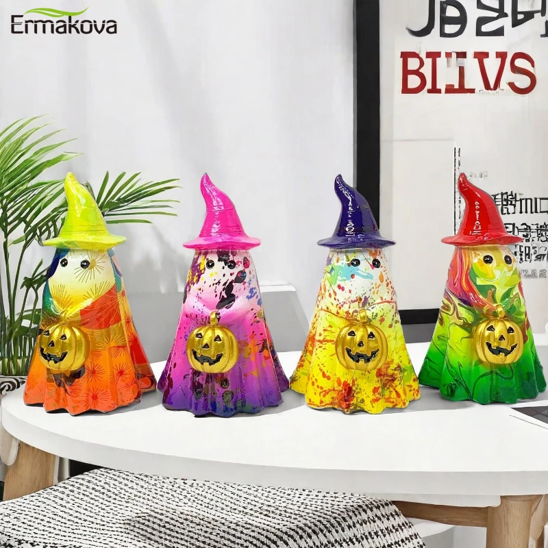 

ERMAKOVA Halloween Decor Ghost Statues Ghost Wearing Hats and Holding Pumpkin Statue Halloween Spooky Ghost Sculpture Ornaments