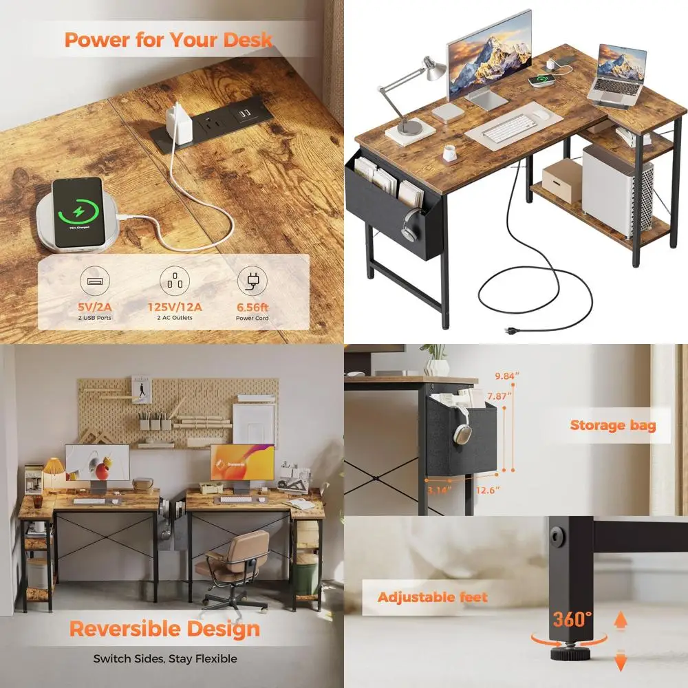 

Compact Corner Gaming Desk with Power Outlets, L-Shaped for Small Spaces, Reversible Shelves, Ideal for Home Office Study