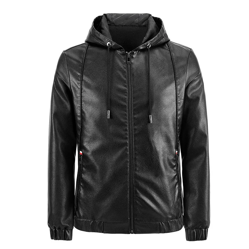 Men's Jacket PU Leather Hooded Drawstring Slim Fit Motorcycle Casual Jacket