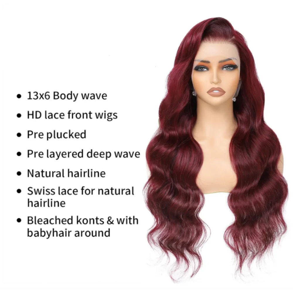 99J Burgundy Body Wave Lace Front Wig 250 Density 13x4 13x6 HD Transparent Lace Frontal Wig Pre Plucked Baby Hair Brazilian Virgin Human Hair Red Colored Wigs For Black Women image 6