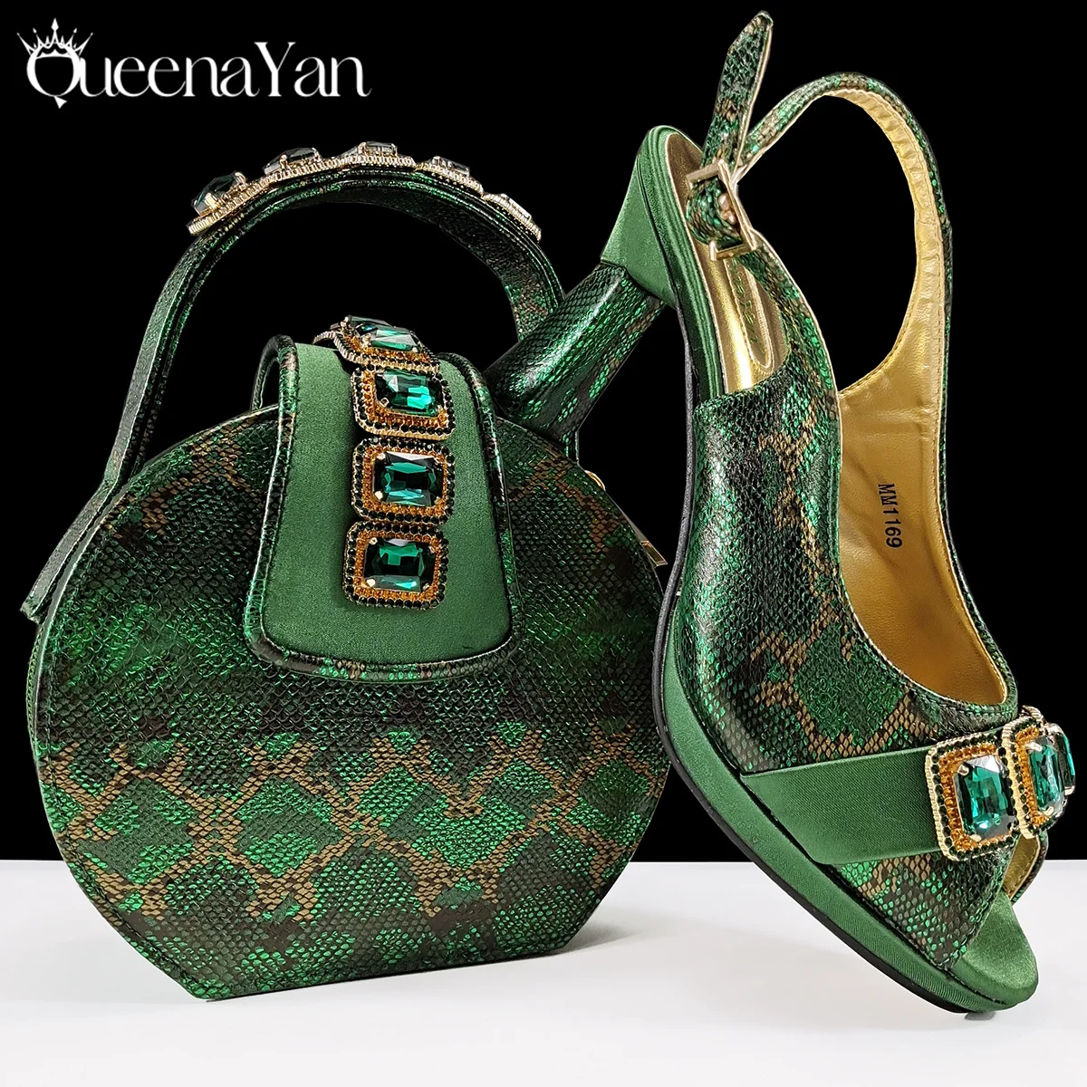 Mature Green Color Striped and Rhinestone Metal Decoration Design High Heels and Three-Dimensional Bag Set for Party Wedding