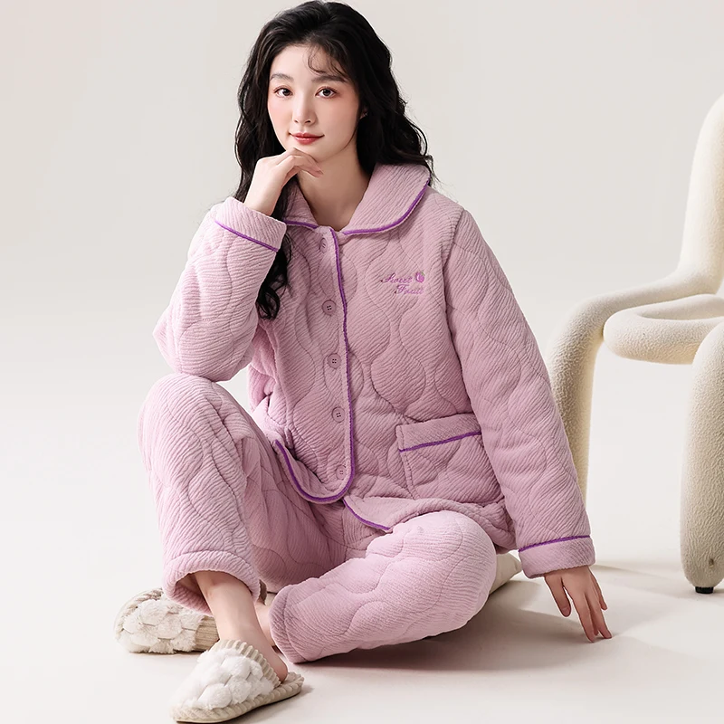 High Quality Female Homewear Women's Clothing Winter Thick Warm Three Layer Clip Cotton Sleepwear