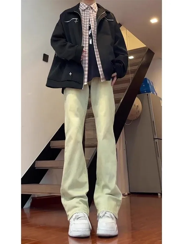 

Мужские джинсы-клеш желтого цвета из глиняной ткани для весны и осени, в американском стиле High Street, с эффектом удлинения ног, утягивающие, с эффектом потертости.