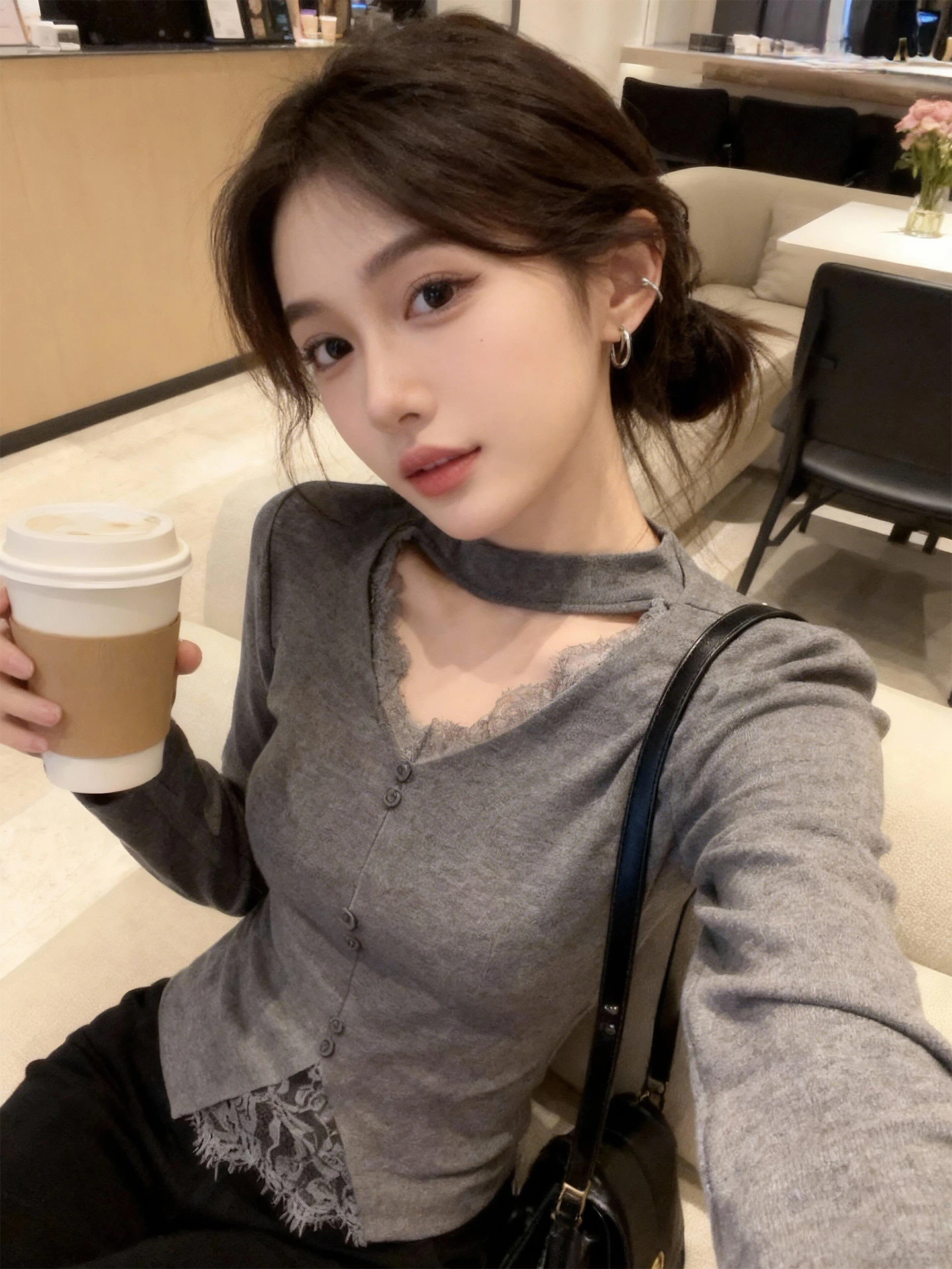 Coréen Sle ey dentelle Ne v-ne Long Sve femmes T-shirt tricoté coupe ajustée ort Design automne hiver haut Faionable