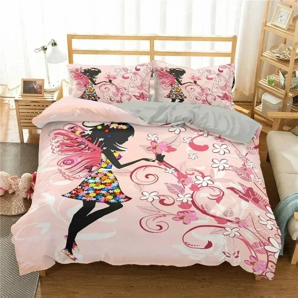 Fairy Girl with Wings Pattern Women Couple Flying Butterflies Bedding Set Duvet Cover Sheet Printed Bed Set Full Queen King Size