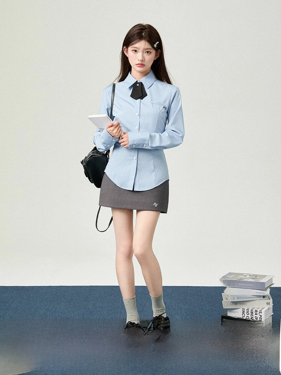 

Slim Fit Long Sve irt Women's College Sle Waist Cinched Blue JK orm Top Breathable Skin-Friendly Collar Butto...