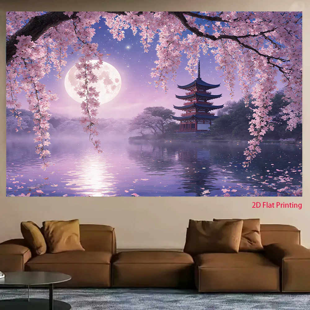 Japanese Pagoda Cherry Blossom Tapestry, Moonlit Lake Night Wall Hanging for Bedroom Living Room Decor, Zen Asian Art Gift