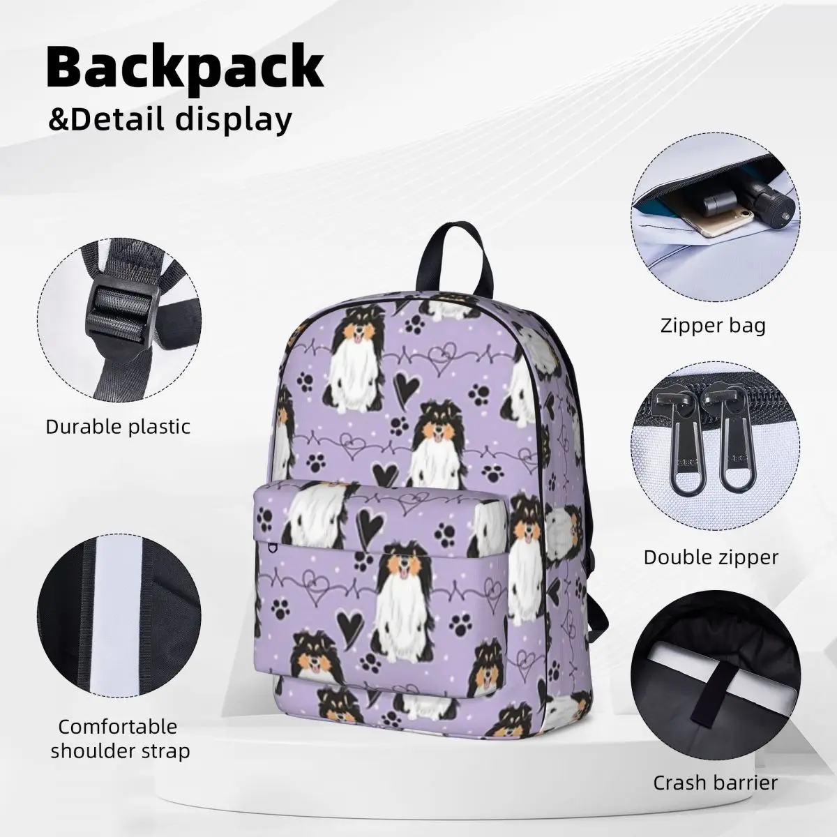 LOVE Tri Color Sheltie Dog Shetland Sheepdog Backpacks Student Book bag Shoulder Bag Laptop Rucksack Casual Children School Bag