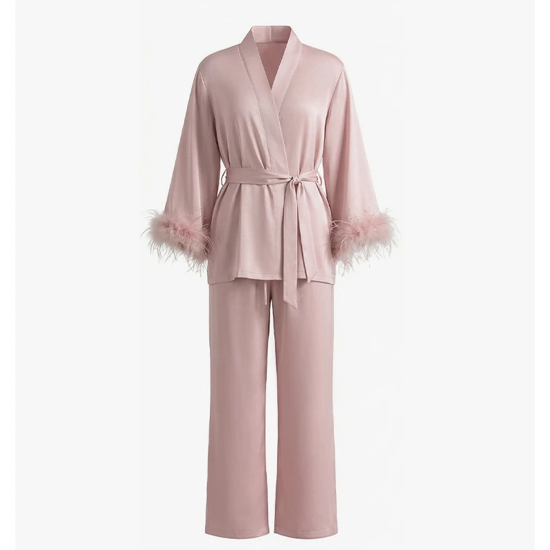 Luxury Silky Satin Women's Pajamas Set Homewear Detachable Feather Bride Bridesmaid Wedding Gift Sleepwear Casual Loungewear