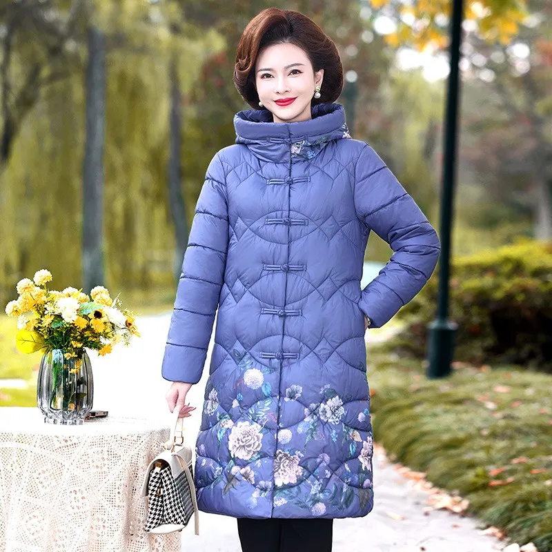 Winter Women Long Hooded  printing Down Cotton Jacket  Winter Femme Thickened Warm Padded Coat Female Down Jacket Overcoat