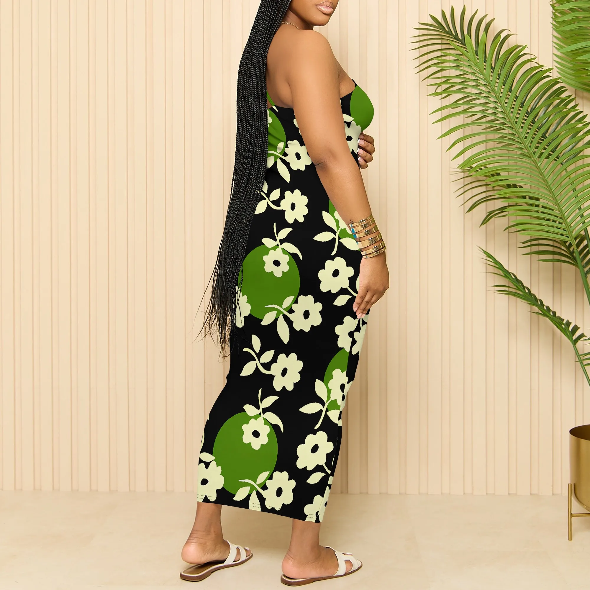 스파게티 스트랩 미디 드레스 그린 플로럴 프린트 Bodycon 여름 캐주얼 비치웨어