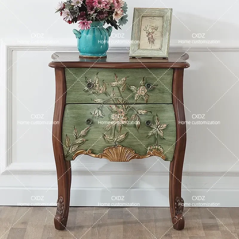 Mediterranean Double Drawer Bedside Table Retro Painted Sofa Side Cabinet Living Room Corner Storage Unit