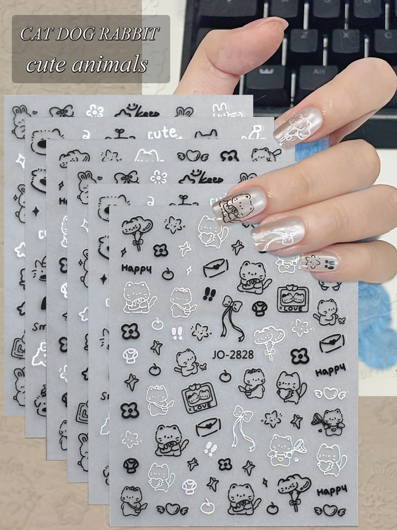 3/6/12 hojas de pegatinas para uñas de animales, calcomanías de dibujos animados de gato, perro, conejo, decoración de manicura Kawaii, accesorios para decoración de uñas