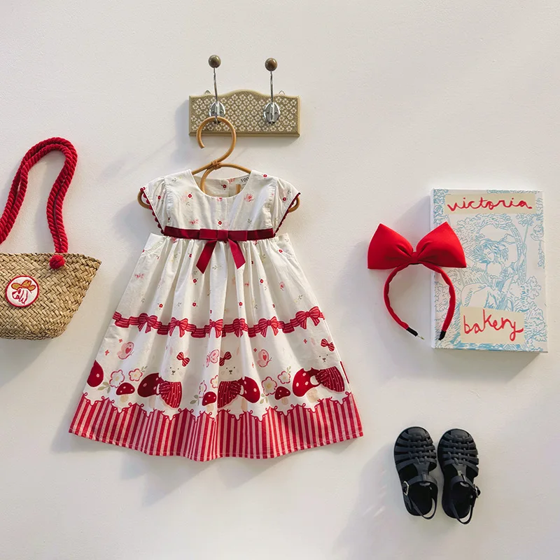 2026 Summer Korean Version Girls' Dress Round Neck Lace Skirt Cartoon Print Dress Bow Girls' Skirt