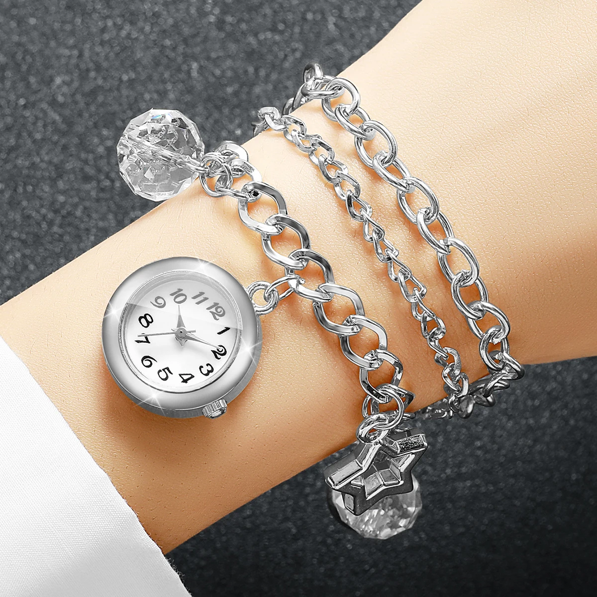 Fashion Women Silver Multi‑Layer Bracelets Watch Star Crystal Charm Ladies Quartz Wristwatches Relogio Feminino（Without Box）