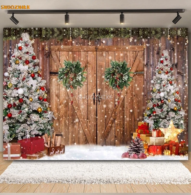Winter Christmas Photography Backdrop Xmas Tree Fireplace Window Gift Snowman Kids Portrait Family Party Background Photo Studio