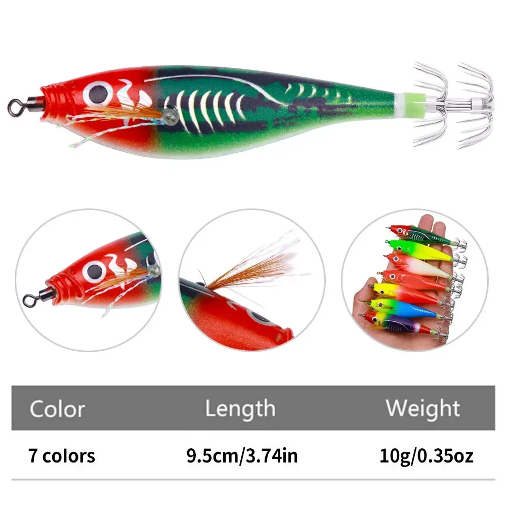 BRAVMACK 7er-Pack Garnelenköder, Angelköder mit Jigkopf, Tintenfisch-Jigköder, Leuchtender Schwanz, Salzwasser-Holz-Garnelenköder, Laser-Jig – Detail 1