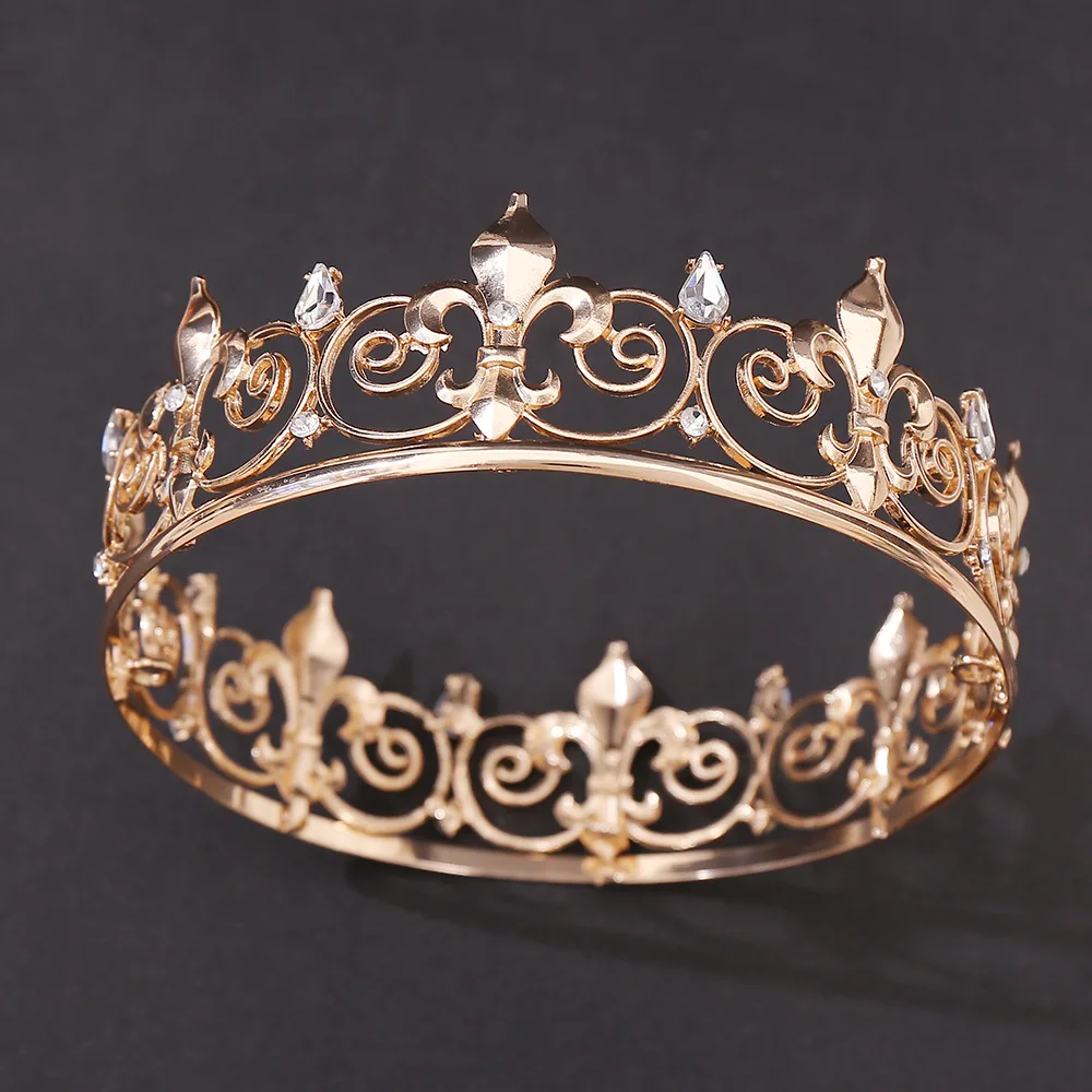 Classic King Hair Jewelry Crown Baroque Full Circle Gold Rhinestone Alloy Crown Men and Women Party Headwear Wedding image 5