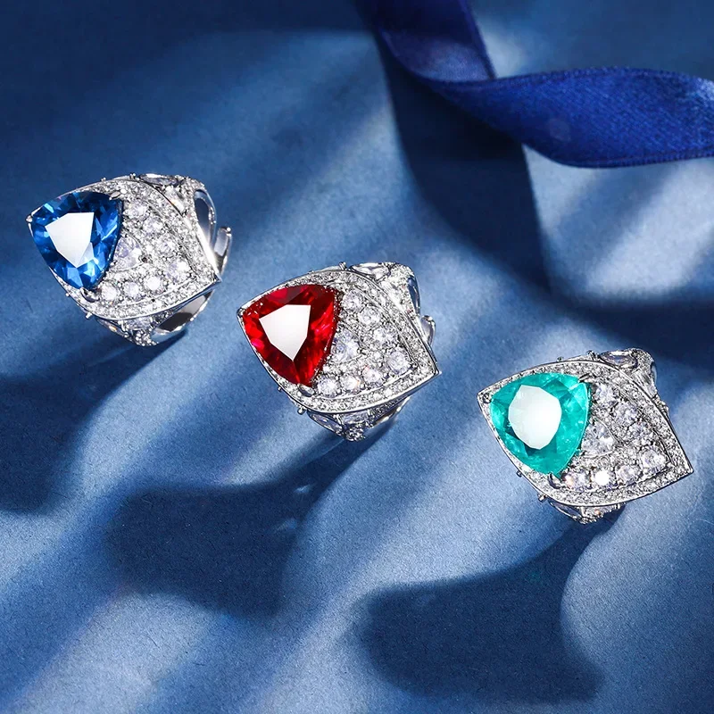 S925 Silver Plated 18K Gold Plated PT950 Platinum Colored Gem Corundum Fat Triangle Light Luxury Ring Women's 12*12 Jewelry