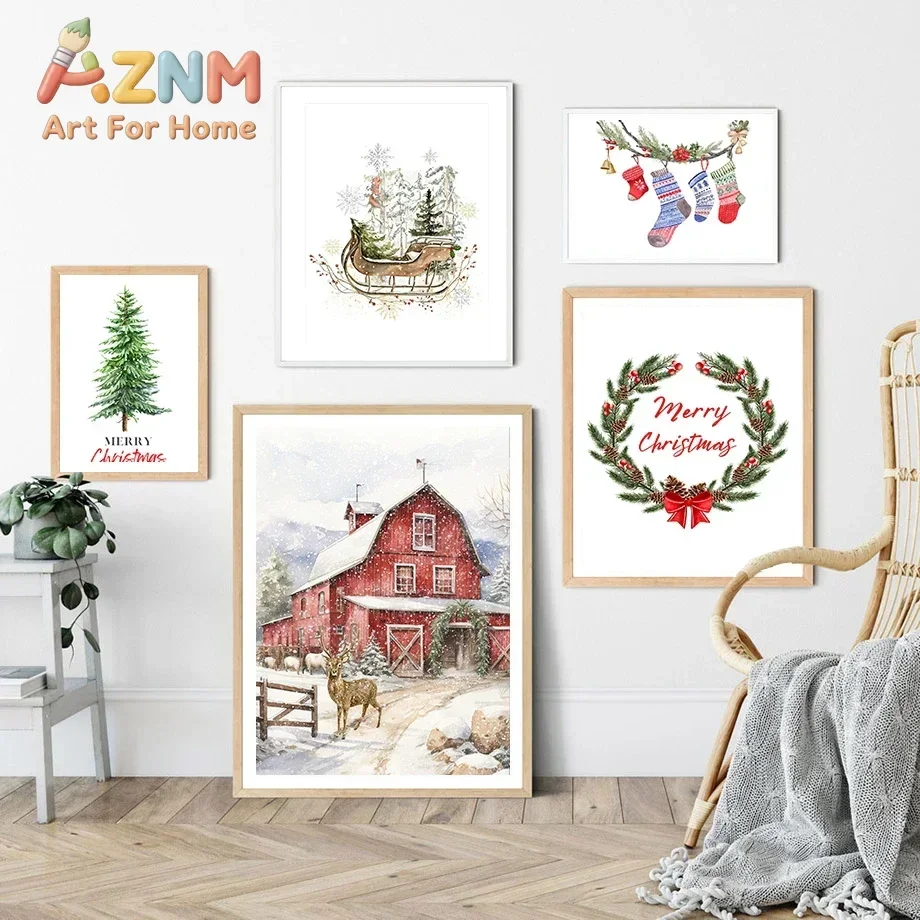 AZNM Watercolor Rustic Christmas Canvas Wall Art, Red Barn Cabin Reindeer Santa Sleigh Pine Tree Print, Farmhouse Winter Holiday