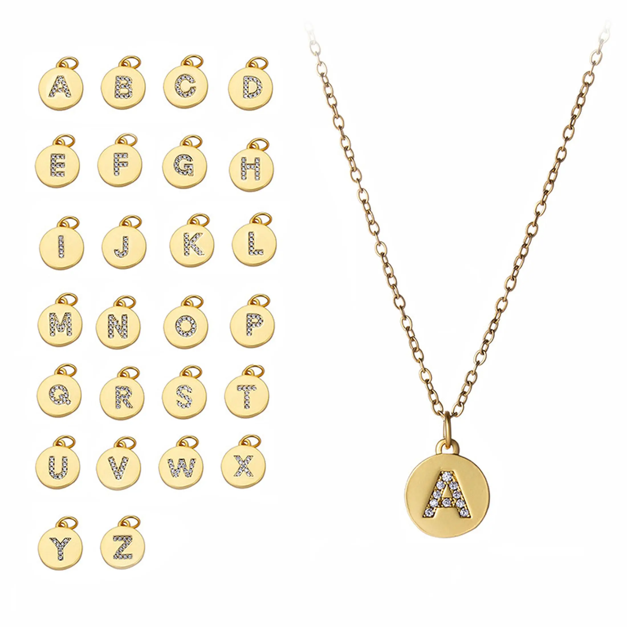 CARLIDANA Classic Minimalist Alphabet 26 Crystal Letter Charms Round Pendant Necklace Letter Stainless Steel DIY Necklace