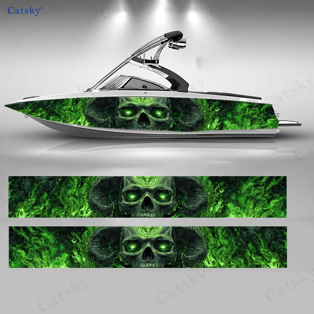 2Pcs Green Flame Skull Boat Stickers, PVC Waterproof Durable Vinyl Wrap Decals for Fishing Boats, Durable and Stylish Design