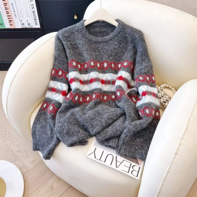 

Women's Grey O-neck Long Sleeves Ripped Sweater Y2K French Elegant Aesthetics Office Fashion Retro Top Sweater Winter Clothing