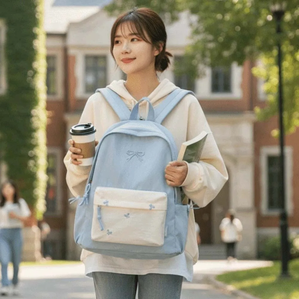 

Portable Daypack Canvas Bow Backpack Casual Embroidered Students School Bag Durable Contrast Color Large Capacity Backpack Daily