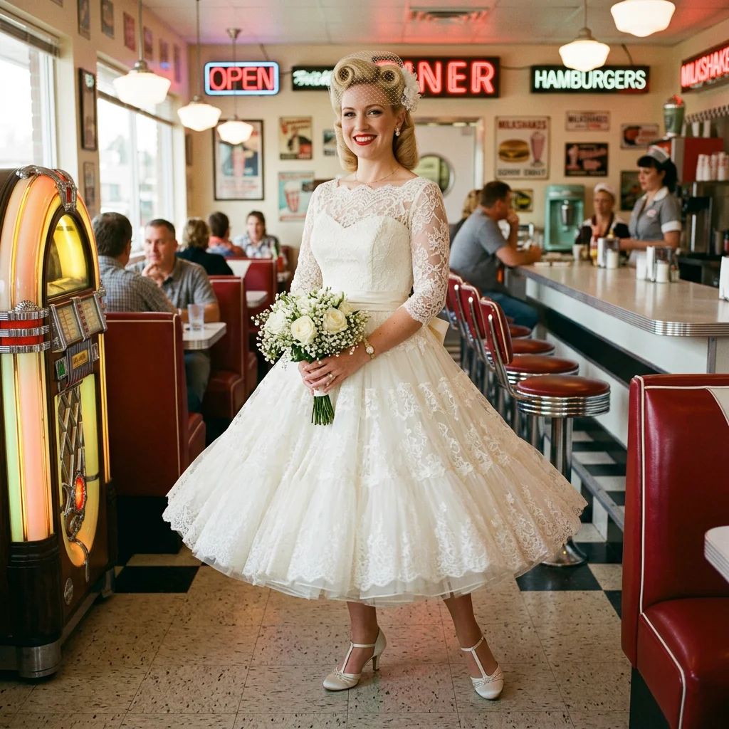 Vintage 1950s Lace Tea Length Wedding Dress with 3/4 Sleeves Retro Rockabilly Bridal Gown