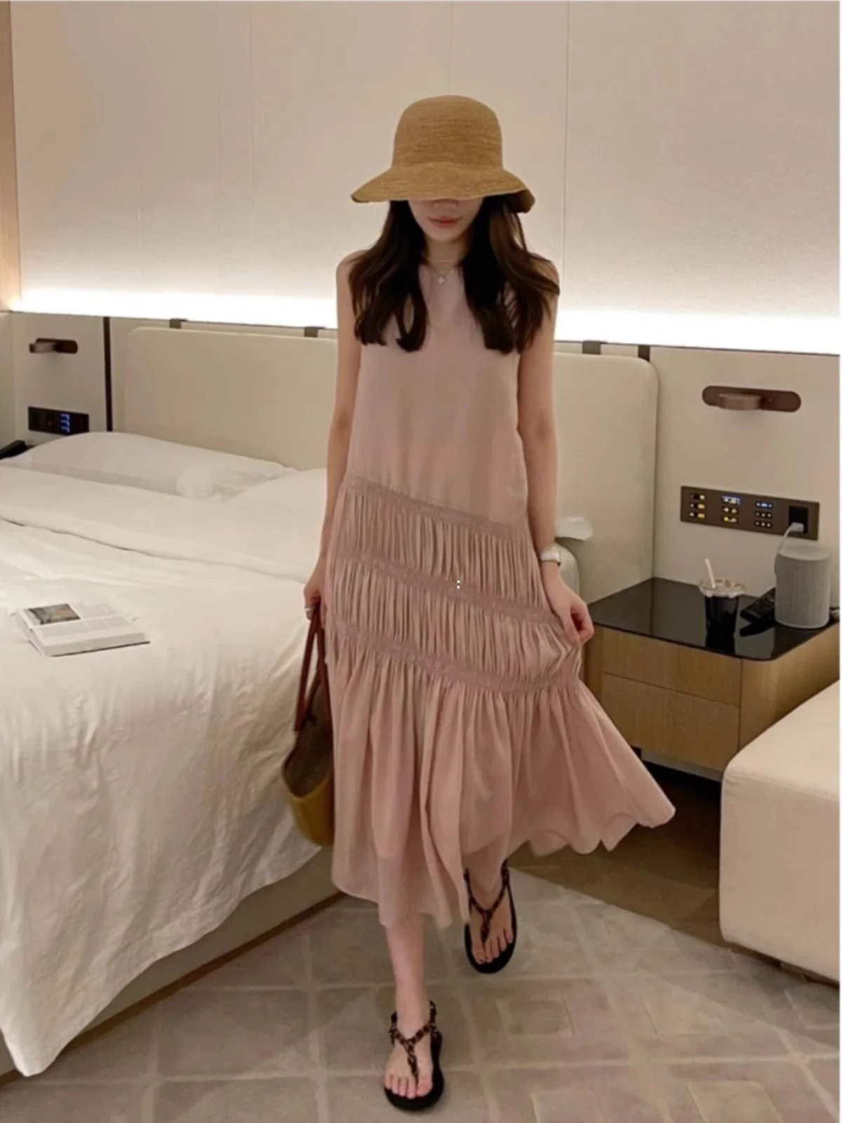 

ROUJE KEFSS Pink Gentle Wind Beach Vacation Dress Summer New Vest Long Dress Elegant Style Loose Fit Back Zipper round Neck