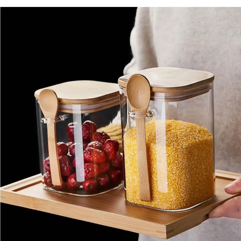 

800-1200ml Coffee Bean Glass Storage Jar Square Seal Bottle Kitchen Supplies Tea Box with Wooden Spoon