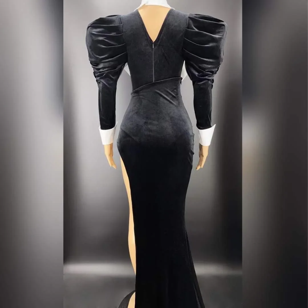 Robe sexy en velours noir pour femme, col en V profond, manches bouffantes, ensemble complet, costume de défilé de scène, spectacle, soirée, mode