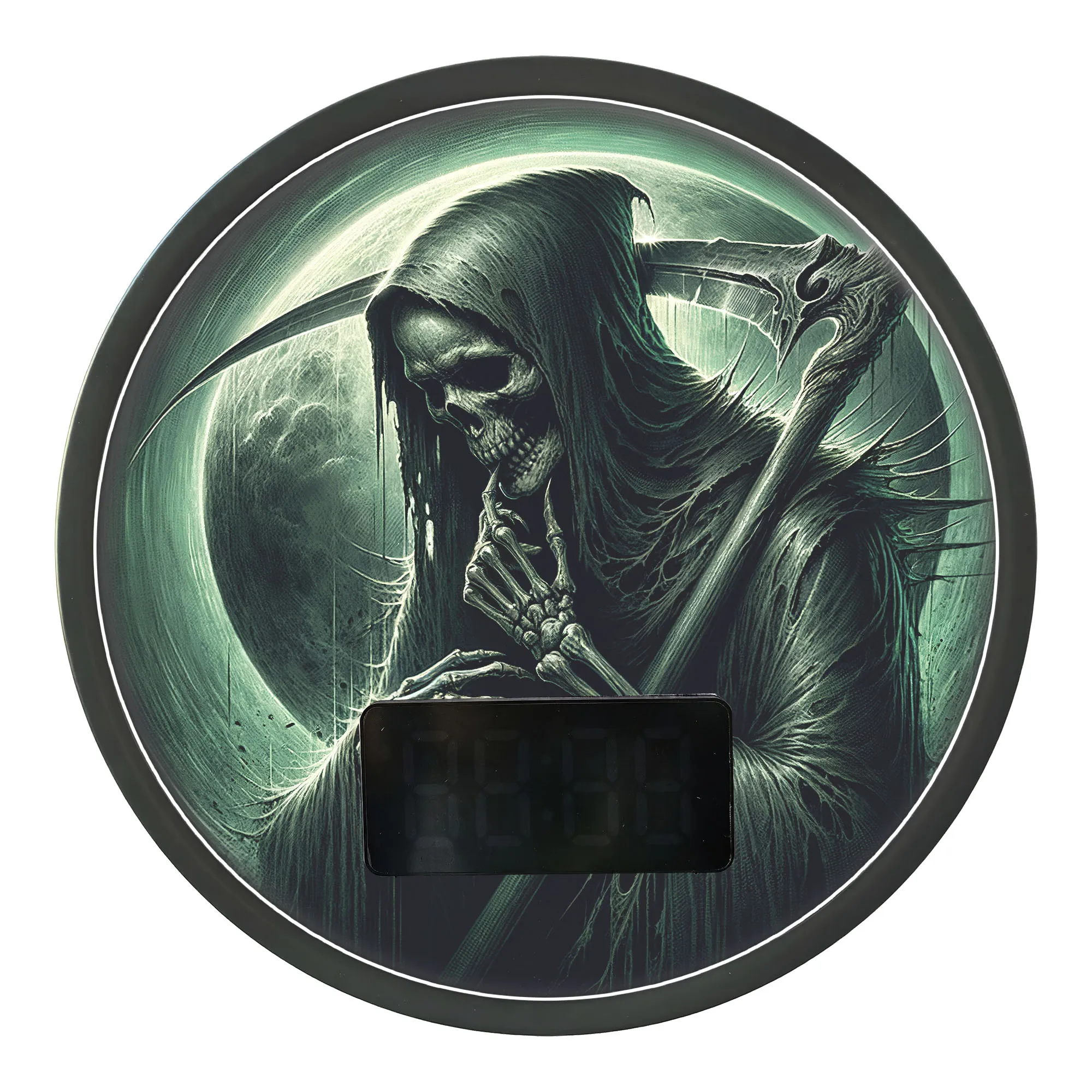 Grim Reaper Digital Wall Clock with Temperature Calendar Date Alarm Snooze 12/24hr Format Gothic Skeleton Illuminated Wall Clock