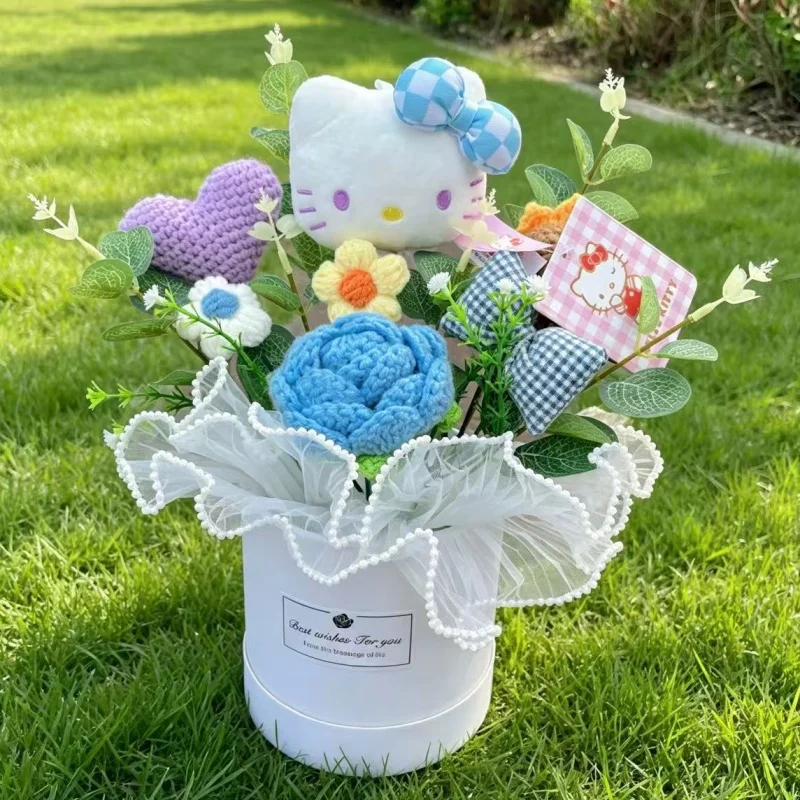 Echte Hellokitty Plüschtiere mit Gehäkelten Blumen Kreative Sträuße Tischdekoration für Zuhause Weihnachts- Geburtstags- und Neujahrsgeschenk – Detail 6