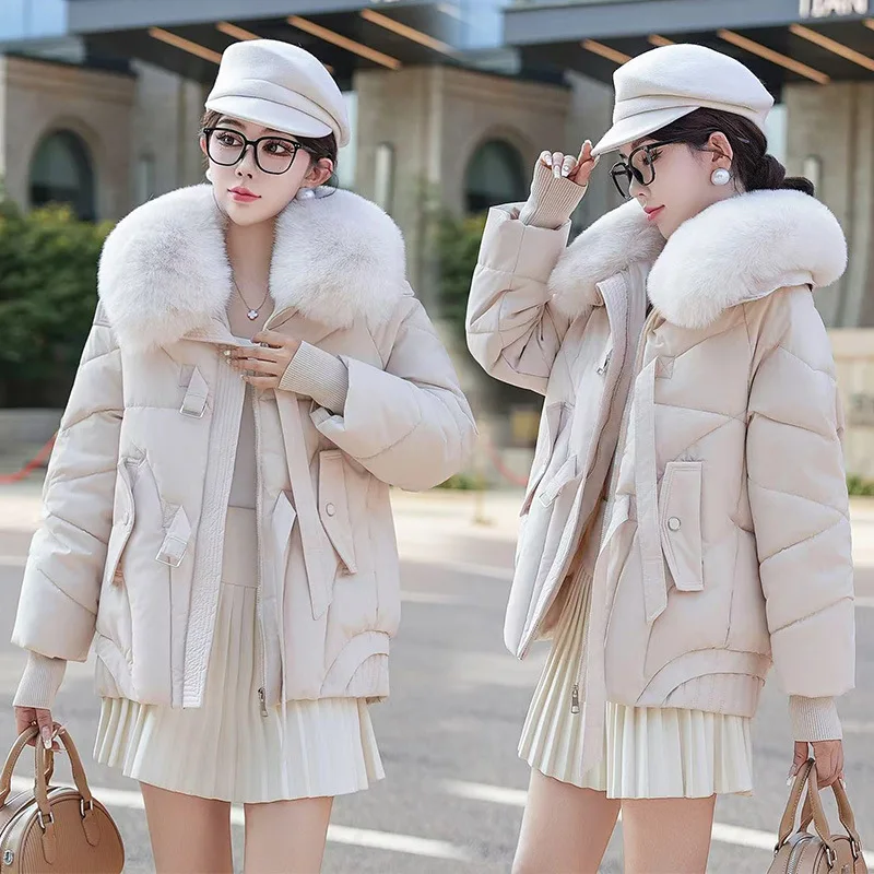piumino moda donna parka inverno 2025 nuova giacca imbottita in cotone caldo femminile corto capispalla allentato grande collo di pelliccia giacca a vento