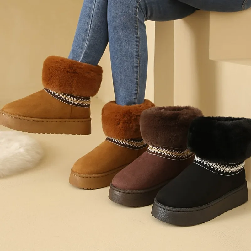 Winter New Women's Slid Color Vintage Comfortable Anti Slip Thick Sole High Heel Snow Boots Women Keep Warm Fashion Snow Boot