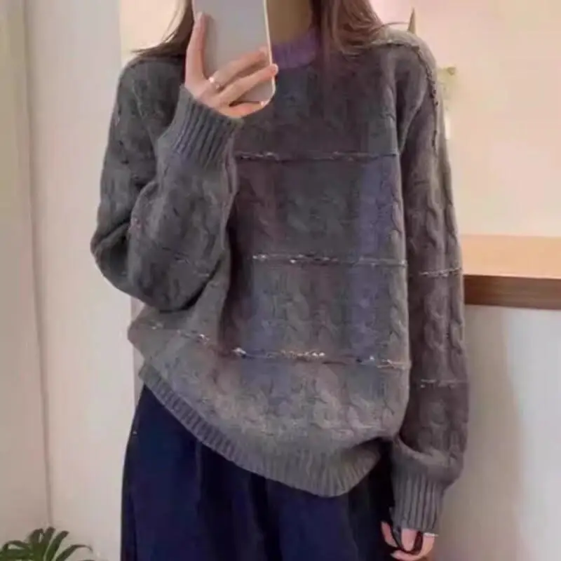 Sweater bergaris kontras yang lembut dan berbahan lilin untuk wanita, sweater wanita musim gugur dan musim dingin, gaya santai, kaos dalaman, Gaya Fashion Terbaru