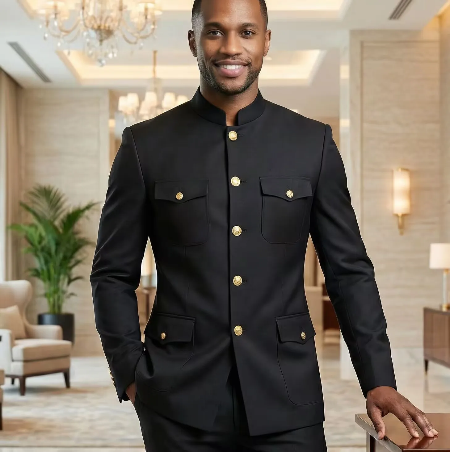 

Men's Fashionable Four-Pocket Single-Breasted Suit Stand Collar Formal Leisure 2-Piece Customizable Men's Clothing