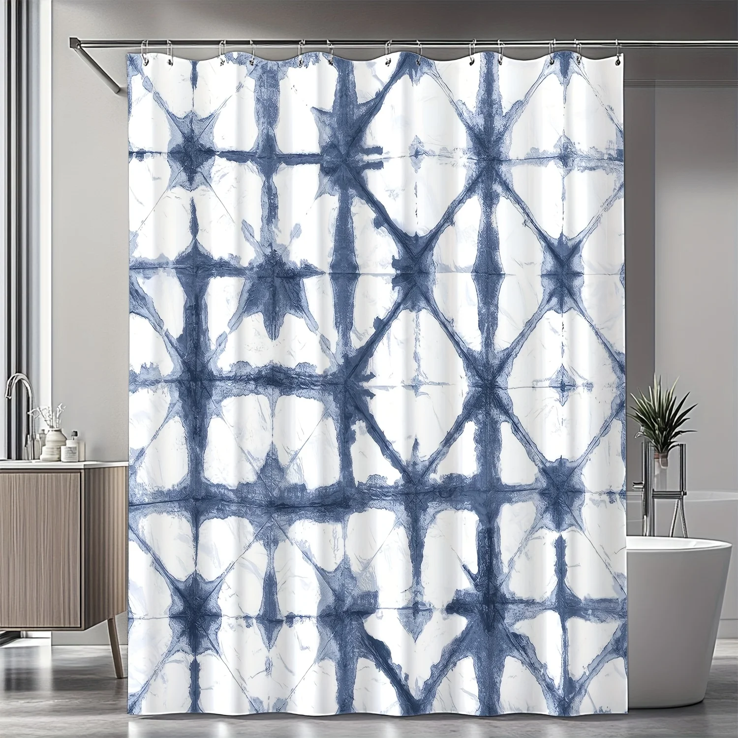 

Современная абстрактная сине-белая геометрическая шторка для душа - из полиэстера, пригодного для машинной стирки, с художественным дизайном в виде звезд и линий, для использования в любое время года.