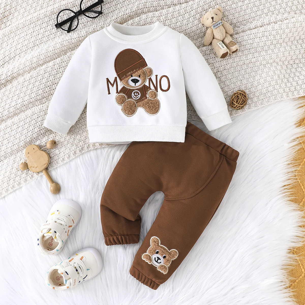 Terno For Kid 3-24Months Casual Cartoon Bear Long Sleeve tee and Navy Pants Outfit Toddler Infant Clothing Set Kids Wear