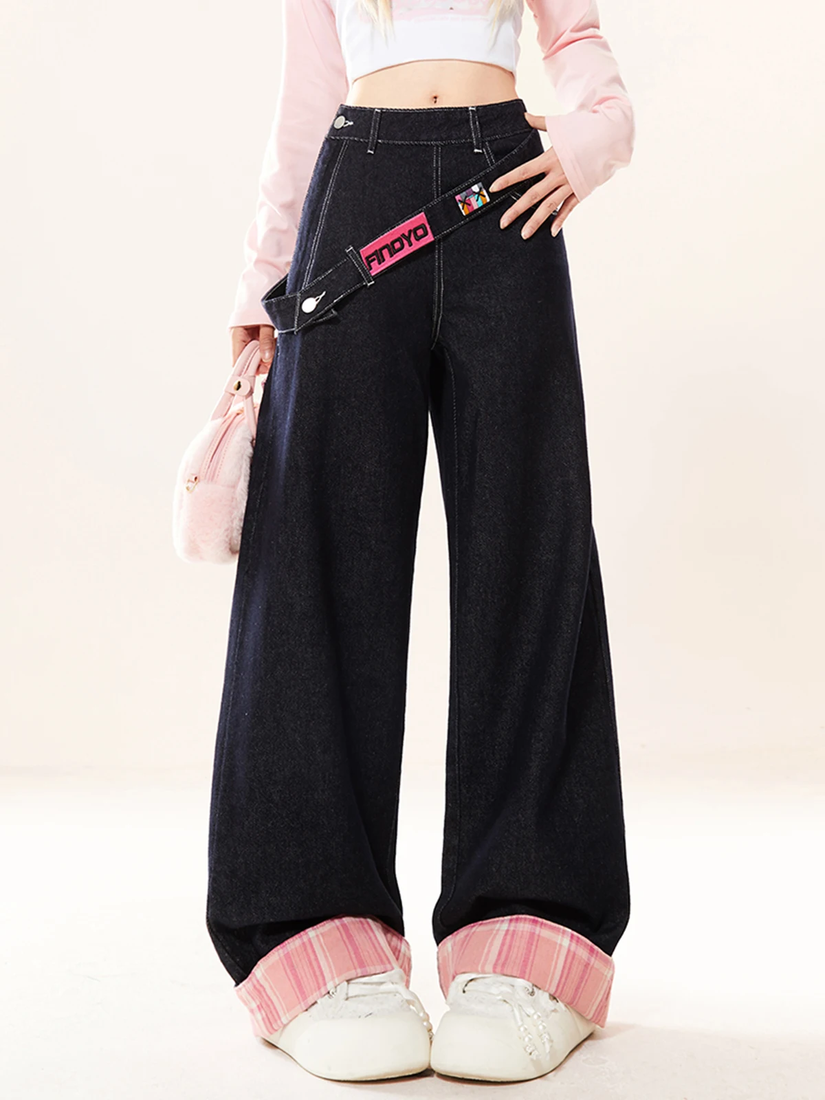 

ENJOG Sweet Cool Plaid Splicing Cuffed Denim Pants Women's Loose Straight Leg Wide Leg Casual Trousers Vintage Sle