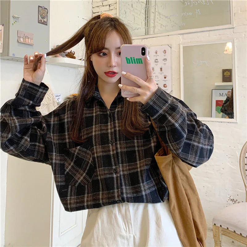 Xpqbb Vintage Women Plaid Shirts Autumn Long Sleeve Oversize Button Up Blouses Female Streetwear Loose Casual Shirts Femme Coat