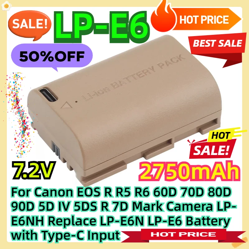 For Canon EOS R R5 R6 60D 70D 80D 90D 5D IV 5DS R 7D Mark Camera LP-E6NH Replace LP-E6N LP-E6 Battery with Type-C Input