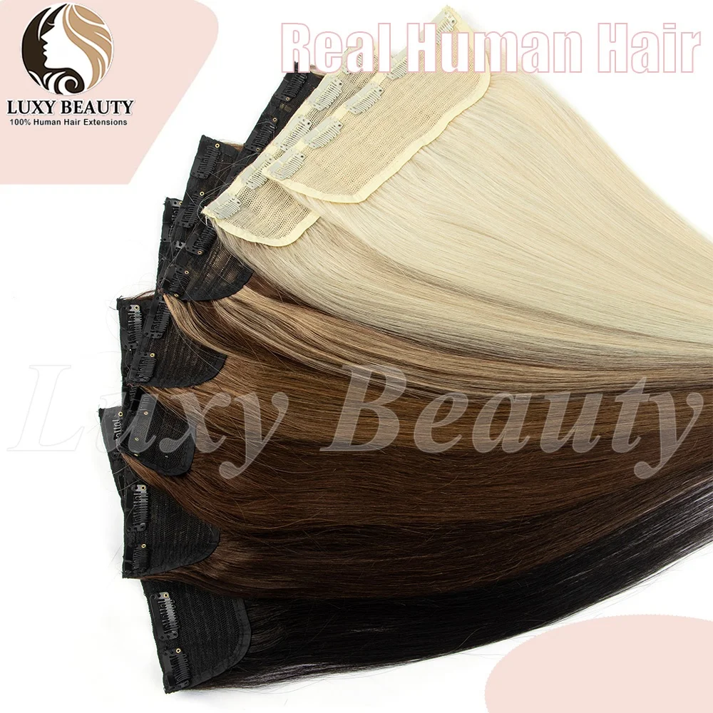 Straight Brown Clip In One Piece Hair Extensions Human Hair Black Blonde Weft Clip In Natural Silk Straight Hairpieces For Women